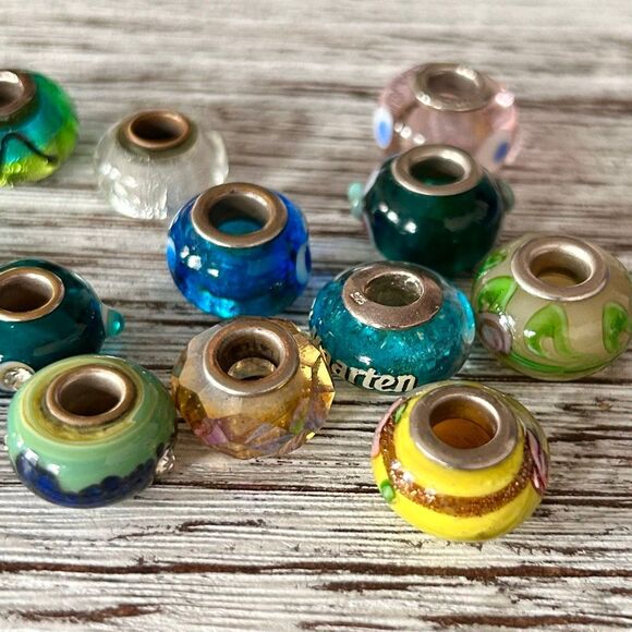 Lot Of 14 Designer Big Hole Murano Glass Charms Sterling Core, Colorful & Flower - Picture 14 of 16